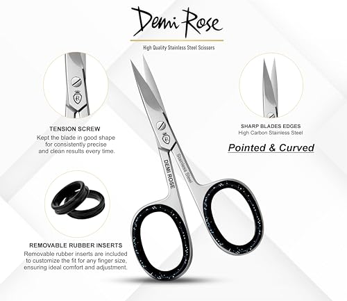 Nail Scissors Curved - Professional Stainless Steel Manicure, Grooming Scissors for eyebrow, Mustache, Nose Hair, Eyelash, Dry Skin - Cuticle Scissors with Rubber Inserts