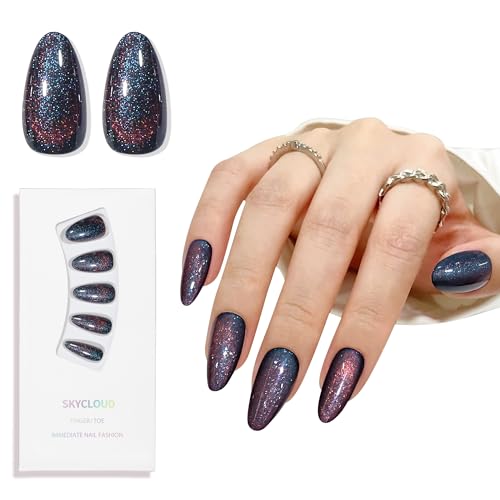 Dark Blue Almond Cat Eyes Press On Nails,12 Sizes - 24 Pcs Soft Gel Blue Medium Fake Nails Kit with Nail Glue, Natural Reusable Stick On False Nails for Women and Girls SK1008 - color: SK1008-Dark Blue
