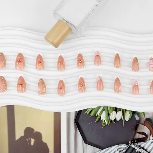 Nude French Tip Press on Nails Almond Medium 3D Flower Fake Nails - color: 14-Pink