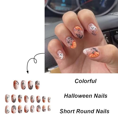 Halloween Almond Press on Nails Short Fake Nails Full Cover Cute Pumpkin Spider False Nails with Spider Web Little Ghost Designs Acrylic Nails Glossy Glue on Nails for Women Nail Art DIY 24 Pcs - color: Style 24