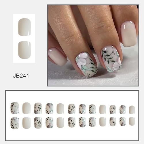 RTKHFZE Press on Nails Medium Square Fake Nails with Flower Leaf Designs White Acrylic Nails Green Full Cover Glue on Nails Glossy Artificial Nails Summer Stick on Nail for Women 24Pcs - color: JB241