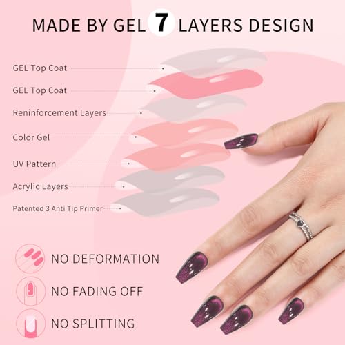 Purple Cat Eyes Press On Nails for Women Girls, 12 Size-24 Pcs Purple Medium Coffin Fake Nails, Skycloud Reusable Stick On False Nails SK0721 - color: SK0721-Dark Purple