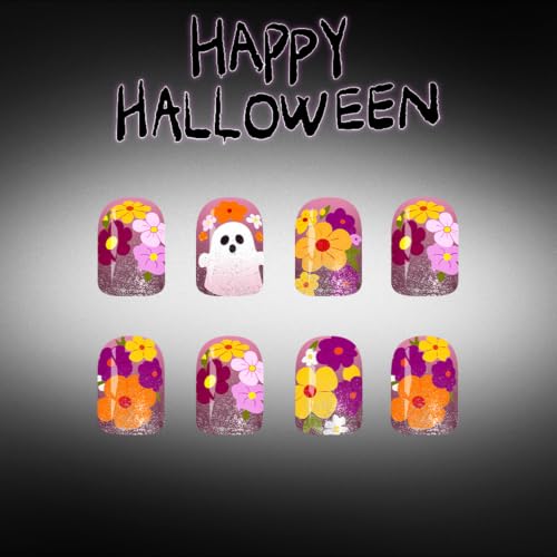 Halloween Yellow Purple Flower Press on Nails Short Square Fake Nails - color: Halloween26-Purple-6