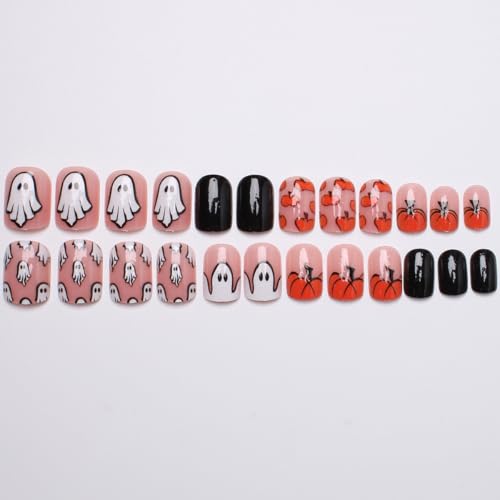 Halloween Press on Nails Cute Little Ghost Stick on Nails Glossy Fake Nail with Orange Pumpkins Designs Full Cover Acrylic Short Square False Nails for Women DIY Halloween Manicuare 24 Pcs - color: Halloween Ghost