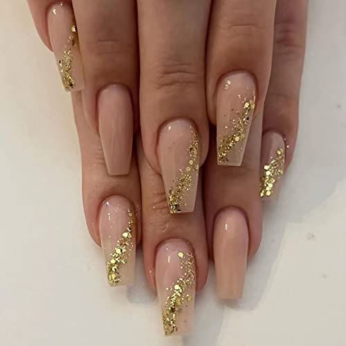 MISUD Press on Nails - Long Coffin Glue on Nails with Bling Gold Glitter, Acrylic Nude Pink Design 24 pcs - color: 019A06-02Gold