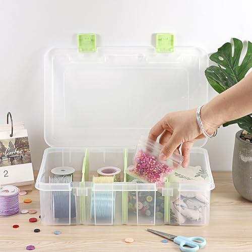 BTSKY Clear Plastic Dividing Storage Box with 4 Compartments Sewing Box - size: 13.3x8.1x3.4 Inches-Green