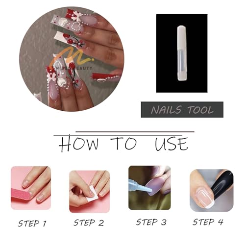 MISUD Press on Nails - Extra Long Square Glue on Nails with Red French Tip, Acrylic Cherry Bow Design 24 pcs - color: 07801Red