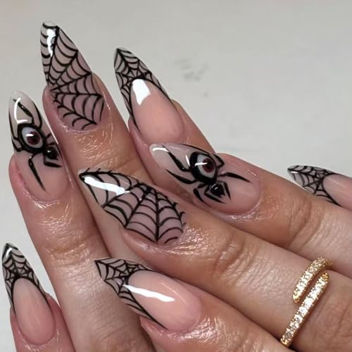 Halloween Spider Press on Nails Almond Goth Black Fake Nails 24Pcs - color: Halloween 6