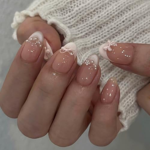 Glitter French Press On Nails Short Almond Fake Nails With Polka Dot Pearls Design False Nails Press Ons Bow Pink Acrylic Nails Glossy Glue On Nails For Women - color: Design-9