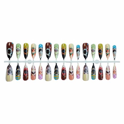 MISUD Press on Nails - Long Stiletto Fake Nails with Cute Acrylic Cartoon Cat Design 30 pcs - color: 06103-01-03Brown