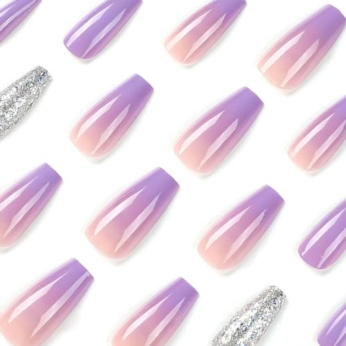 Short Press On Coffin False Nails with Glitter Sequins Designs Purple Gradient Glue On Nails - 24Pcs - color: Glitter Sequins Designs & Purple Gradient
