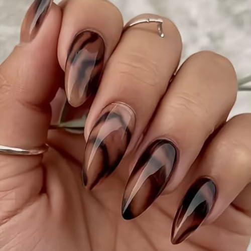 Fall Brown Press on Nails Medium Almond Fake Nails Gradient Acrylic Nails - color: Summer Style-Colorful-2