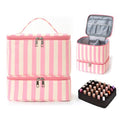 Striped Nail Polish Organizer Bag Nail Supplies Organizer Holds 30 Bottles Nail 2 Layers Nail Kit Storage Case - color: Beige and Pink