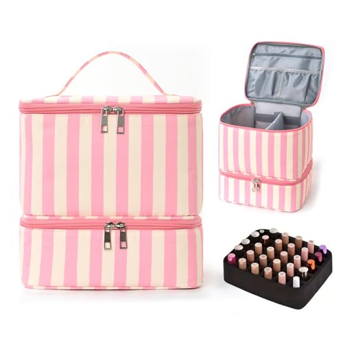 Striped Nail Polish Organizer Bag Nail Supplies Organizer Holds 30 Bottles Nail 2 Layers Nail Kit Storage Case - color: Beige and Pink