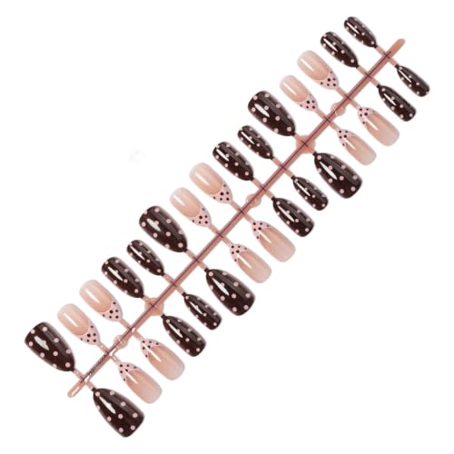30Pcs Polka Dots Press on Nails Short Almond Fake Nails Pink French Tip - color: BD-Brown-14