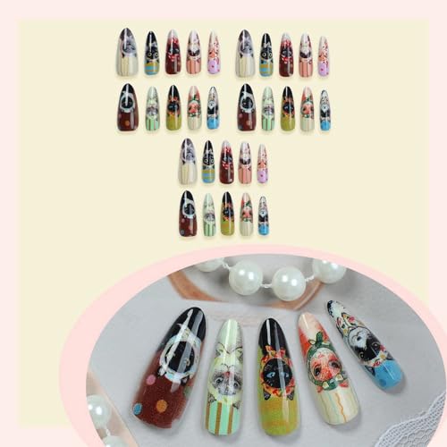 MISUD Press on Nails - Long Stiletto Fake Nails with Cute Acrylic Cartoon Cat Design 30 pcs - color: 06103-01-03Brown