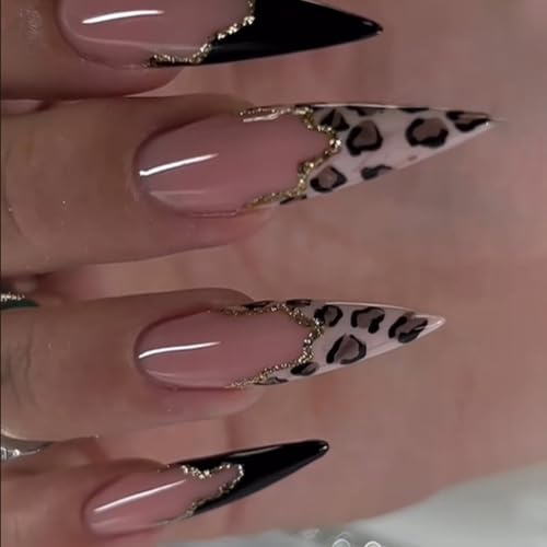Leopard French Tip Press on Nails Long Stiletto - Glitter - color: Style-09