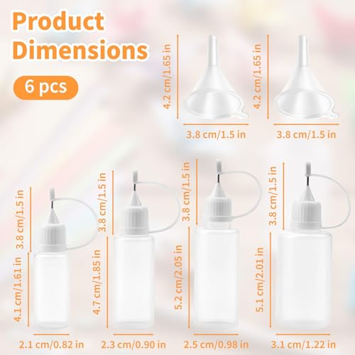 6 PCS Precision Tip Applicators Bottles Set - 4 Sizes Fine Needle Tip Squeeze Glue Bottles with 2 Mini Funnels for Liquid DIY Craft Quilling Glue Painting (10ml/15ml/20ml/30ml)