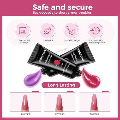 JEWHITENY 28 Colors Poly Nail Gel Kit with Base Top Coat Purple Blue Yellow Nude Pink Glitter Shades Quick-Dry for Beginners DIY Need U V Lamp Curing - color: F04