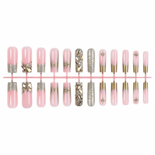 MISUD Press on Nails - Long Square Fake Nails with Gold Chrome, Acrylic Bling Glitter Rhinestone Design 24 pcs - color: 07801-02Gold