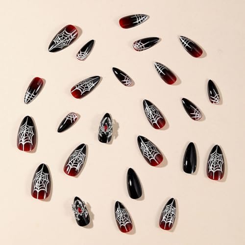 MISUD Press on Nails - Medium Stiletto Glue on Nails with Goth Red Black, Acrylic Spider Web Vampire Design 24 pcs - color: 11213Red&Black