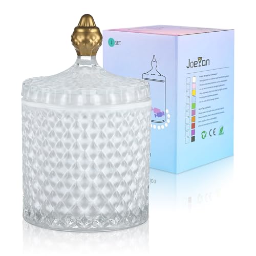 Joeyan 18oz White Glass Jars with Lid,Embossed Candy Dishes,Diamond Faceted - color: White