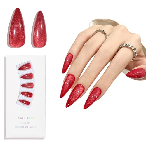 Dark Red Almond Cat Eyes Press On Nails,12 Sizes - 24 Pcs Soft Gel Red Medium Fake Nails Kit with Nail Glue, Natural Reusable Stick On False Nails for Women and Girls SK1009 - color: SK1009-Dark Red