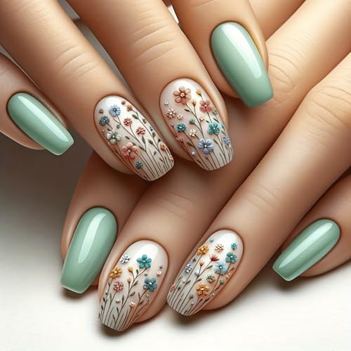 Flower Press on Nails Short Square Fake Nails Green White False Nails Full Cover Acrylic Nails Press ons Spring Floral False Nails with designs Stick on Nails Gel Glue on Nails for Women Summer Nails - color: s34