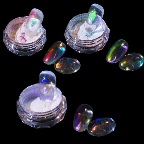 3 Boxes Ice Transparent Aurora Nail Powder Neon Rainbow Holographic Chameleon Powder Multi Chrome Iridescent Pigment Pearlescent Nail Art Glitters (Transparent #1#2#3) - color: Transparent #1#2#3