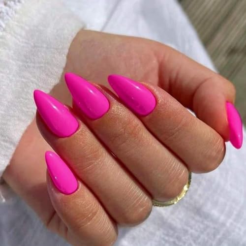 Hot Pink Acrylic Press on Nails Almond Shaped Medium Fake Nails - color: 15-Hot Pink