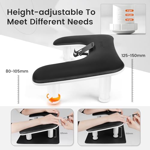 JODSONE U-Shaped Black Manicure Arm Rest for Nails Tech with Rotating 360°Built-In Phone Holder and Adjustable Nail Arm Rest Detachable Manicure Hand Rest for Salon Design (Includes Black Nail Mat) - color: Black-With Mat