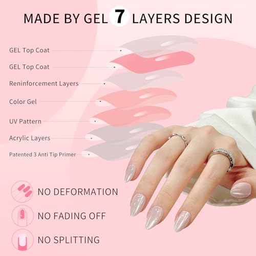 Almond Cat Eyes Press On Nails,12 Sizes - 24 Pcs Soft Gel White Medium Fake Nails Kit with Nail Glue, Natural Reusable Stick On False Nails for Women and Girls (Skycloud Moon White) SK0752 - color: SK0752-Moon White