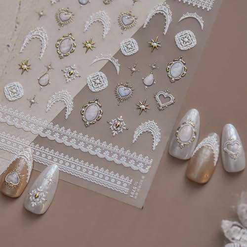 1 Sheet Vintage Frame Nail Stickers 5D Embossed White Lace Nail Decals Star Heart Nails Supplies Teardrop Shape Gem Nail Designs Lace French Tip Nail Art Stickers for Women DIY Manicure Decoration - color: Vintage