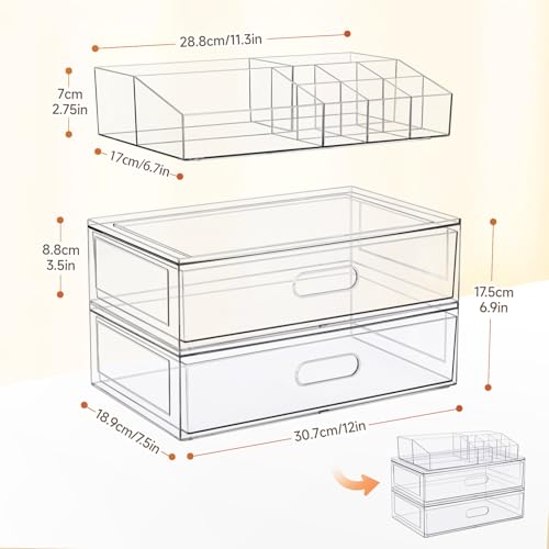 Clear Stackable Makeup Organizer with Drawer, 12''W Acrylic Storage Drawers - size: 3 Pack