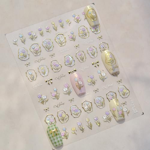 5D Embossed Bow Nail Art Stickers Gold Trimming Flower Nail Art Decals Blue White Tulips Nail Decals Spring Flower Nail Design Stickers Silver Letter Nails Supplies Cute Nail Decor for Women - style: 5D Embossed Nail Stickers-5