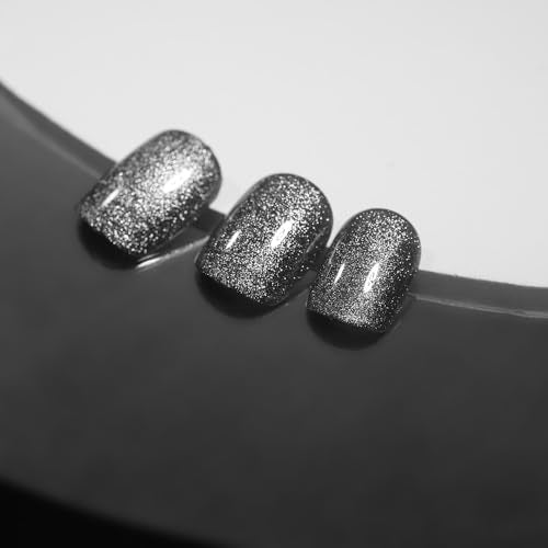 Glittering Silver Press on Nails Short Square, Silver Fake Nails Kit, Fashion Glossy Acrylic Short Press on Nails, Natural Stick on Nails, Thick Reusable Glue on Nail for Women, 24Pcs - color: B19-Glittering Silver