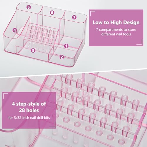 CGBE Nail Drill Holder, 28 Holes Transparent Nail Desk Organizer - Pink - color: Pink