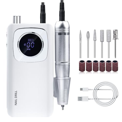 Electric Nail Drill, 45000rpm Portable Electric Nail File, Rechargeable Nail Drill with Bits & Base for Acrylic Gel Nails, Electric File Machine, Manicure Polishing for Home/Salon (White) - color: White