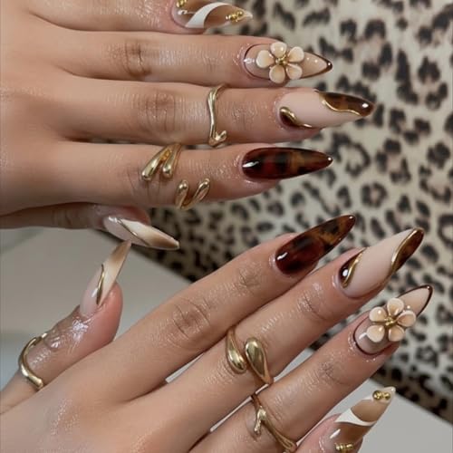 MISUD Press on Nails - Medium Almond Fake Nails with Fall Brown, Acrylic Tortoise Flower Design 24 pcs - color: 11218Brown