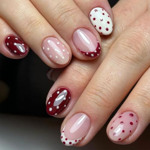 Polka Dot Press On Nails Short Almond Fake Nails Red White French Tip Nails - color: BD-Claret-10