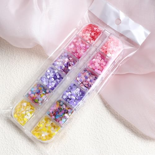 1 Box 6 Color Holographic Flower Nail Glitter Floral Nail Sequins 3D Pink Purple Nail Flakes Sparkly Glitter Flakes Shiny Nail Glitter Spring Summer Nail Sequins Glitter for Nails Art 12 Grids - color: YHN19