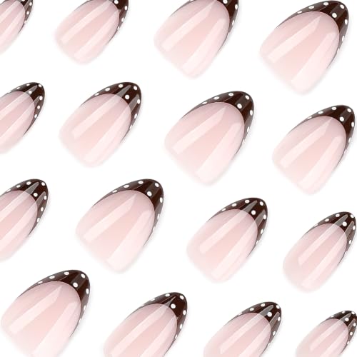 Short Almond Press On Nails, Brown French White Polka Dot, 24 Pcs - color: 104-Mocha Dot Blush