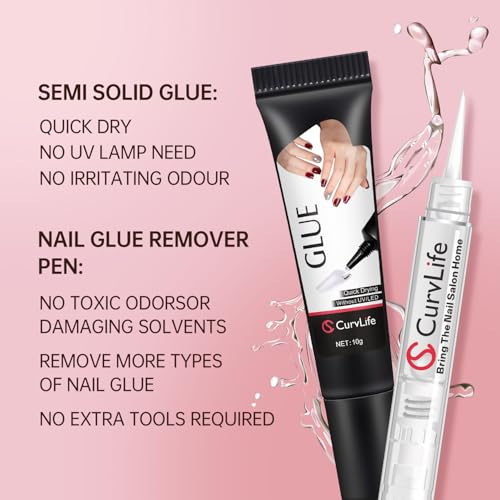 Curvlife 10g Semi Solid Nail Glue Gel with 5ml Nail Glue Remover Pen - size: 15 ml