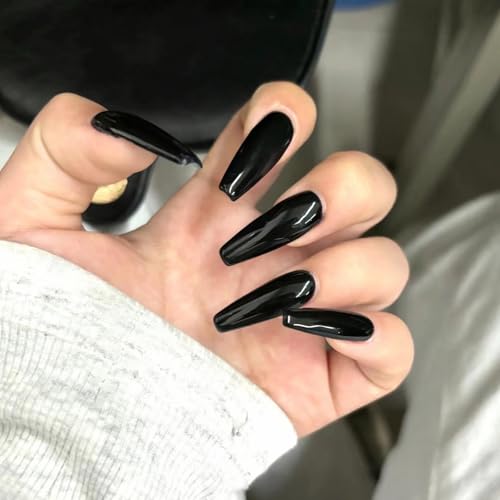 MISUD Press on Nails - Long Coffin Fake Nails with Goth Black, Acrylic Gothic Design 24 pcs - color: 019A05-12Black