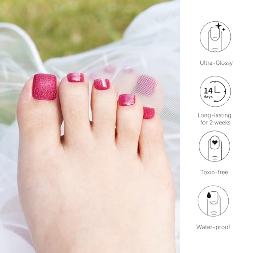 DANNI & TONI Semi Cured Gel Toenail Strips Magenta Fushcia Cat Eye Glaze Toe Nail Stickers Gel Pedi Wraps 37 Stickers |Magenta Mystique - color: Magenta Mystique