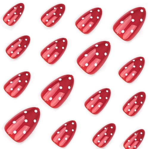 Short Almond Press on Nails Red Polka Dot Fake Nails - color: Color-20