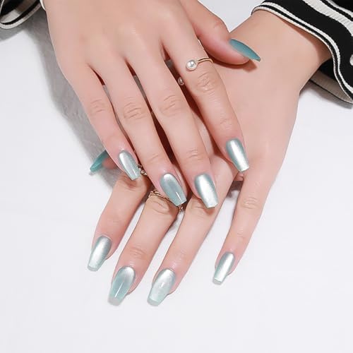 Light Blue Press On Nails Medium, Cat Eye Coffin Press On Nails with Crystal Glow Design, Fashion Gel Fake Nails, Reusable Coffin Fake Nails, Stick On Nails for Women, Crystal Frost - color: C5-Crystal Frost