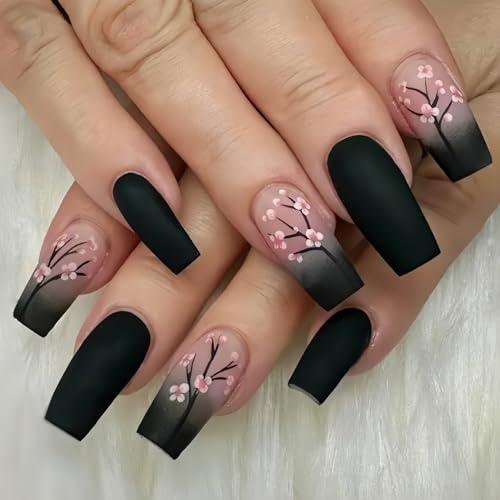 Spring Press on Nails Medium Fake Nails Pink Black Gradient Square Press on Nails Coffin Glossy False Nail with Flowers Designs Full Cover Acrylic Nails Glue on Stick on Nail for Women 24PCS - color: W8