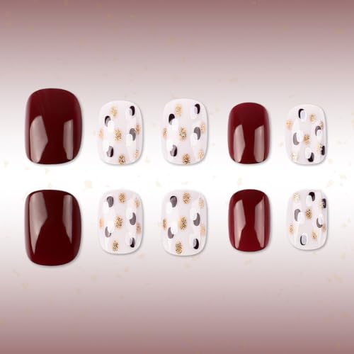 Fall Press on Nails Short Square Fake Nails with Glitter Dot Designs Glossy Nails Press ons Burgundy Nude Glue on Nails Full Cover Acrylic Nails Autumn Stick on Nails for Women 24Pcs - color: 12