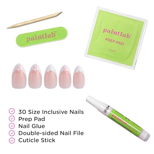 PaintLab Belle Bows 3D Pearl French Tip Press On Nails, Short Almond, 30pc - color: Belle Bows